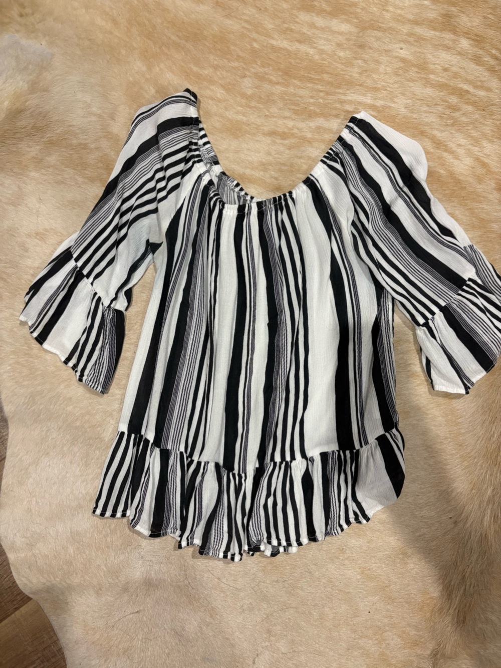 Black & White Striped Ruffle-Hem Blouse